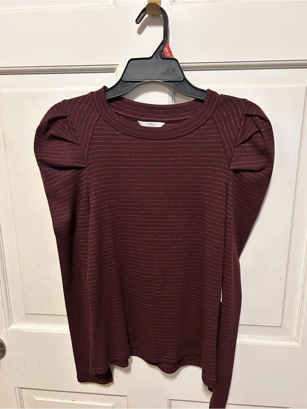 Time and Tru Burgundy Long-Sleeve Top with Metallic Pinstripes